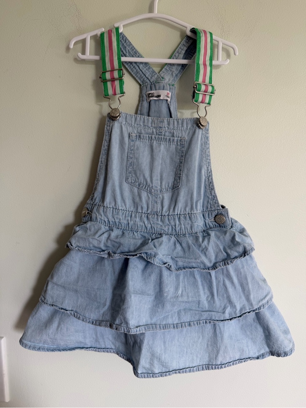 Epic Threads Kids Light Blue Denim Overall Dress with Green Pink Striped Straps